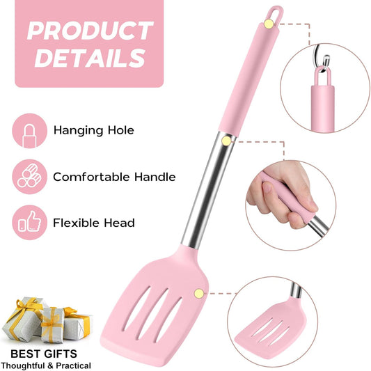 Silicone Utensils Set, Onader 15pcs Kitchen Cooking Utensils with Holder, Non-stick Cookware with Stainless Steel Handle, Kitchen Gadgets Tools Gift - Pink