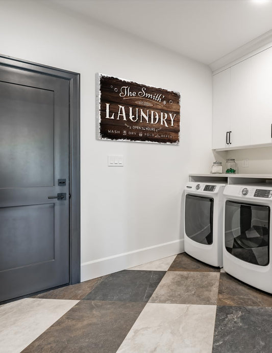 IPIC - Personalized Laundry Room Sign, Custom Canvas Wall Art with Family Name, Rustic Home Decor Printed Acid-Free Cotton Canvas for Business and Home, Made in USA and Ready to hang for Laundry Decor