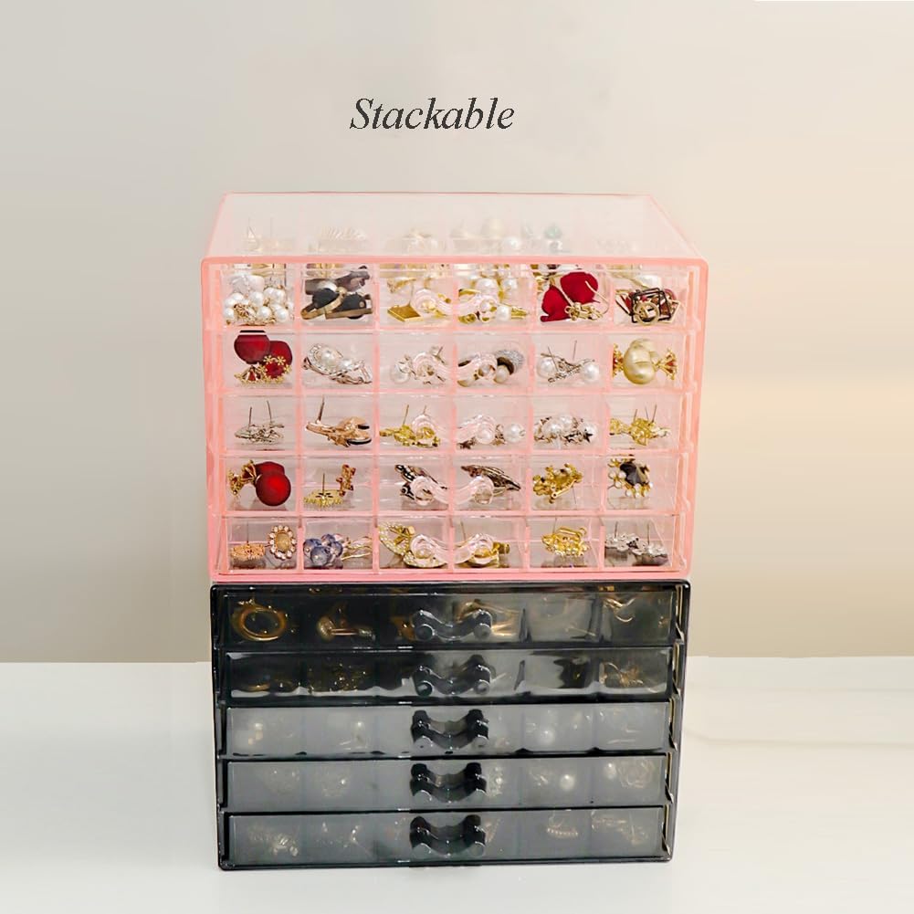 Earring Storage Box Organizer, Acrylic Jewelry Storage Box Holder 5 Drawers Transparent Jewelry Display Stand with 120 Small Compartments Gift Boxes for Women Girls (Clear Pink)