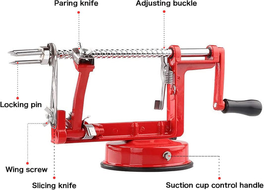 Apple Peeler, Slicer Corer Potato Peelers 3 In 1, Stainless Steel Heavy Duty Suction Cup Base And 7 Extra Blades (Red)