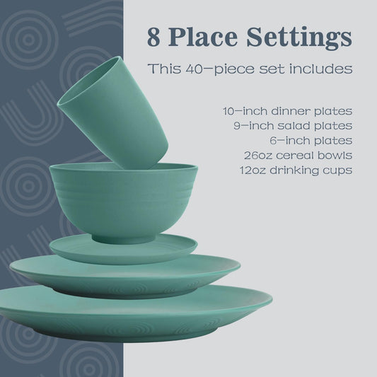 Dinnerware Sets 40 PCS Wheat Straw Plates and Bowls Sets With Cups | Service for 8 | Alternatives to Plastic Dinnerware Set Microwave Safe Dishese Set for RV Outdoor Activities Travel - Green