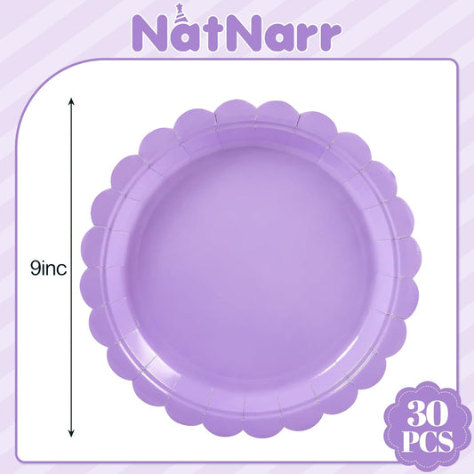 30 Pcs Lavender Plates 9 Inch Disposable Scalloped Light Purple Paper Plates Cute Dessert Party Plate for Wedding, Bridal Shower, Birthday
