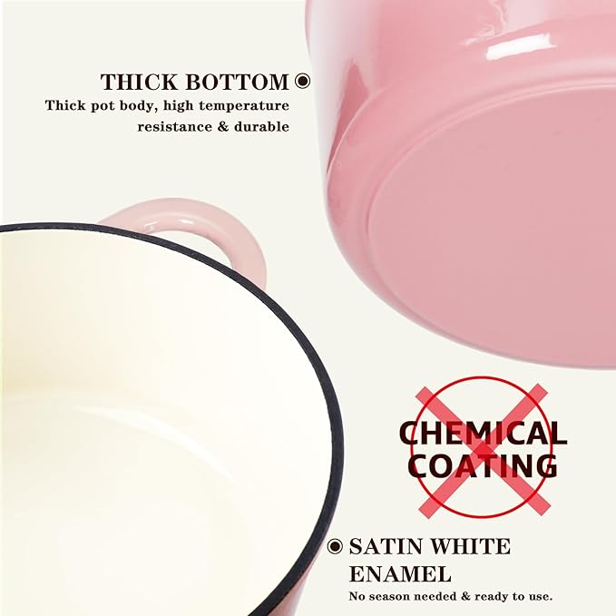 Overmont Enameled Cast Iron Dutch Oven - 5.5QT Pot with Lid Cookbook & Cotton Potholders - Heavy-Duty Cookware for Braising, Stews, Roasting, Bread Baking pink