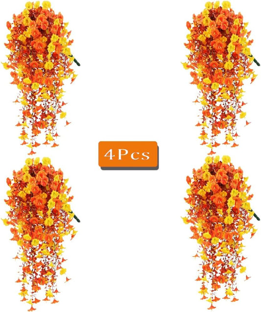 Jasion 4 Bundles Artificial Hanging Flowers Outdoor Realistic Morning Glory Silk Fake Plants UV Resistant for Porch Balcony Fence Decor (Fall Color)