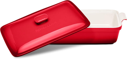 Stoneware Casserole Dish Bakeware Set with Lid, Covered Rectangular Dinnerware, Extra Large 4.23 Quart, 13 by 9 Inch, Deep Red