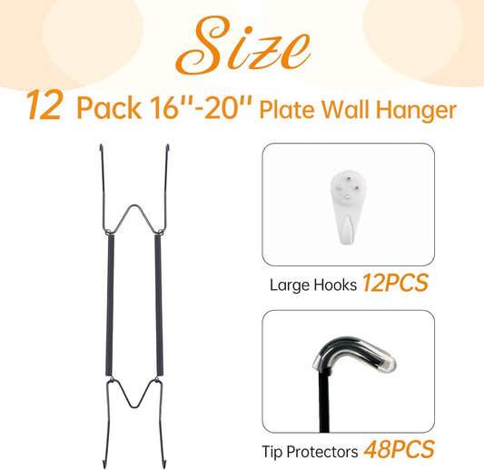 Bilillo 12 Pack Spring Plate Hangers for The Wall, Invisible Heavy Duty Wire Holders with 12 Pcs Wall Hooks, Fit 16"–20" Decorative Plates, Platters, Dishes, Black Stainless Steel