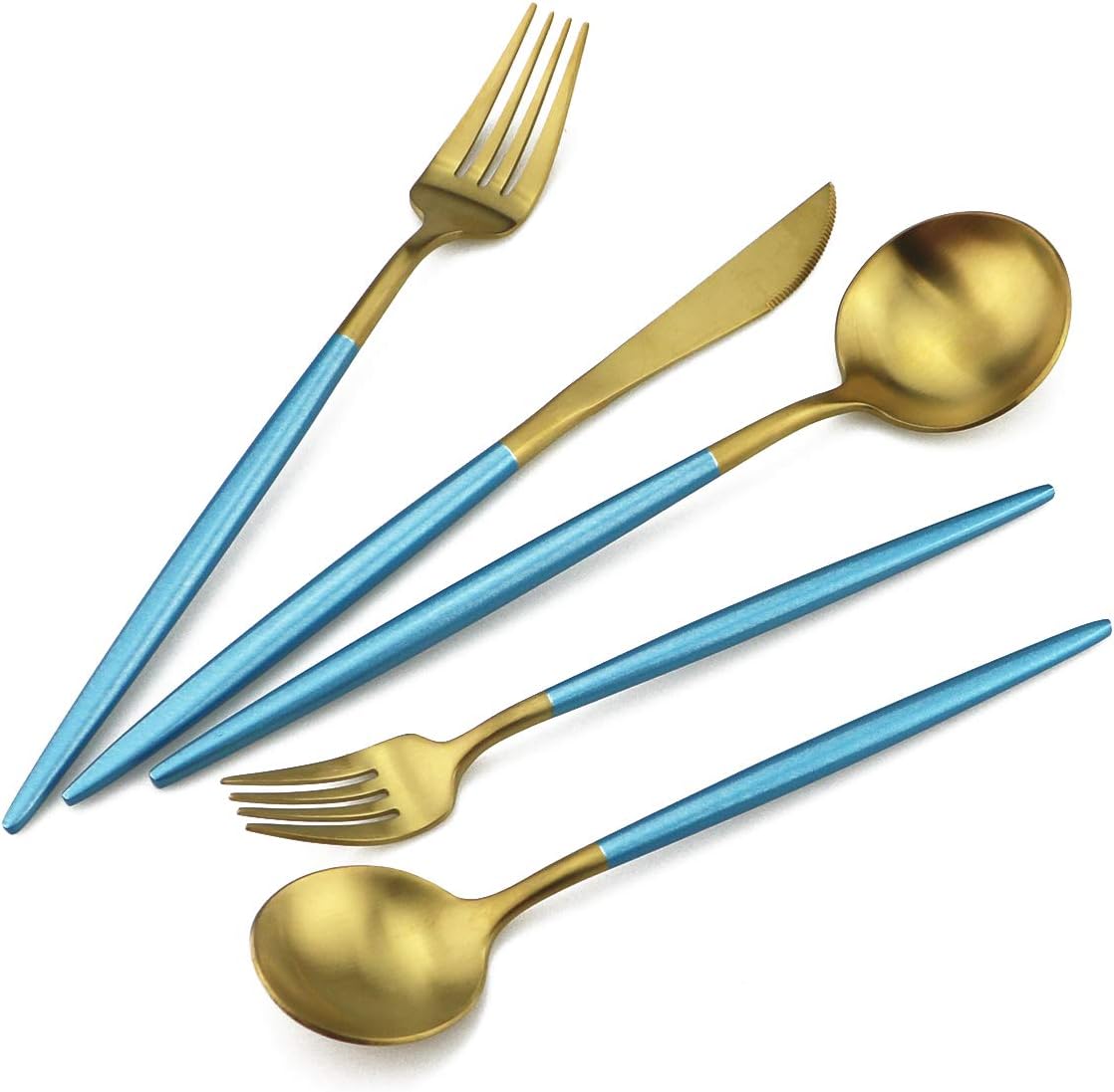 Gugrida Blue Gold Flatware, Royal 20 Piece Matte Blue Handle 18/10 Stainless Steel Tableware Sets for 4 Including Forks Spoons Knives, Camping Silverware Travel Utensils Set Cutlery (Blue Gold)
