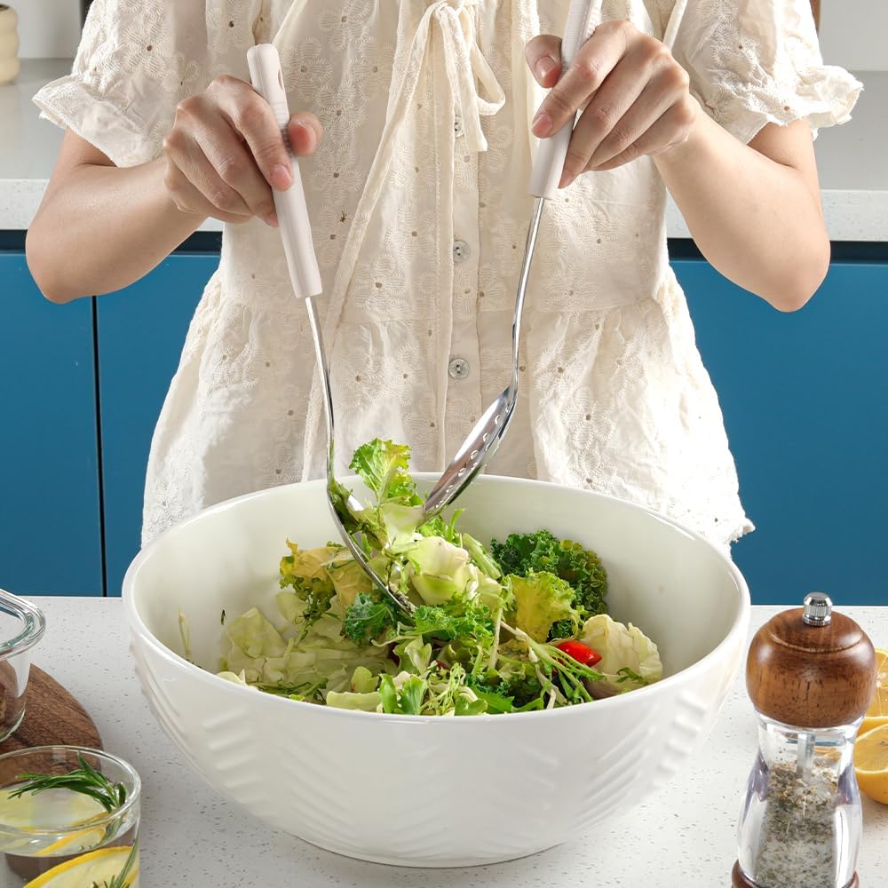 2-Piece,Stainless Steel Serving spoons set with Slotted Spoon.Serving Spoon and Perforated Spoon, kitchen cooking serving utensils set cooking spoon-Beige