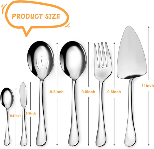 6-Piece Stainless Steel Serving Utensil Set, Hostess Collection with Spoons, Fork, Tongs, Ladle and Pie Server