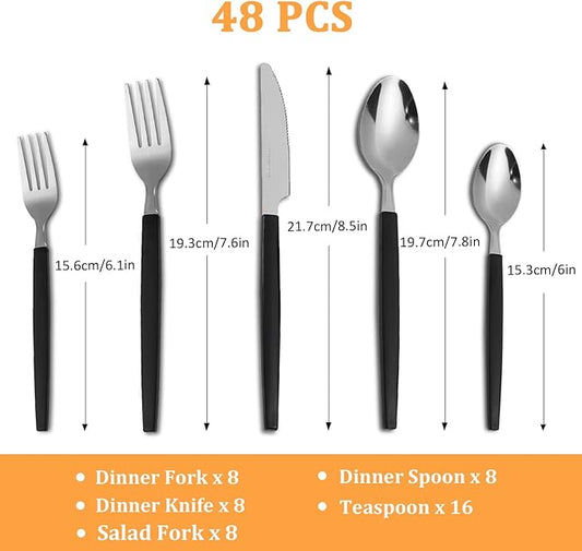 Silverware Sets - 48 PCS 18/0 Food Grade Stainless Steel Silverware Sets Service for 8 Dishwasher Safe, Mirror Polished Flatware Set For Home,Restaurant,Hotel, Wedding, Parties(Black)