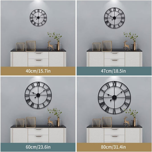 Large Modern Metal Wall Clocks Rustic Round Nearly Silent Little Ticking Battery Operated Roman Numerals Clock for Living Room/Bedroom/Kitchen Wall Decor-(Black, 47cm)