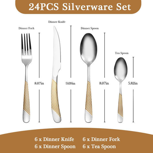 24 Piece Gold Hammered Silverware Set for 6, Premium Food-grade Stainless Steel Flatware Set, Luxury Design & Mirror Polished Cutlery Set, Eating Utensil Set with Fork Knife Spoon, Dishwasher Safe
