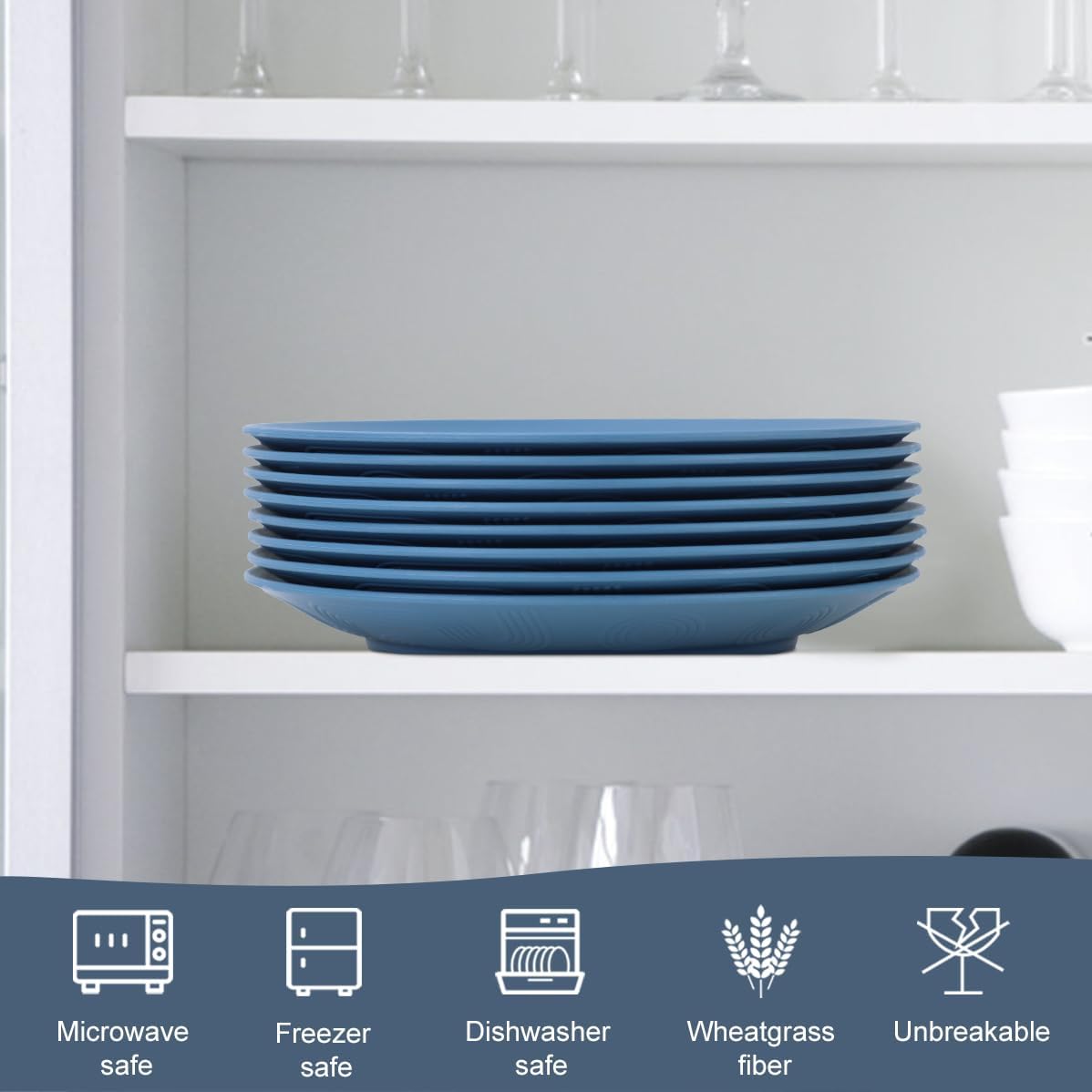 Homienly Flat Dinner Plates Set of 8 Alternative to Plastic Plates Microwave and Dishwasher Safe Wheat Straw Plates for Kitchen Unbreakable Plates for Camping, Salad(Blue, 10 inch)