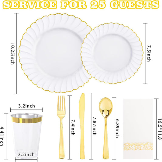 YOUBET 175PCS Gold Scalloped Plastic Plates - White and Gold Disposable Dinnerware Set Include 50 Plates, 75 Gold Silverware, 25 Cups, 25 Napkins for Party & Wedding & Thanksgiving
