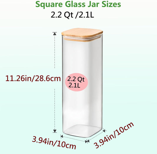 2.2 Qt Square Glass Storage Containers with Lids, Clear Food Storage Container Jar with Sealing Bamboo Lid Storage Containers for Pasta, Oats, Coffee, Flour, Sugar, Square Set-3Pack