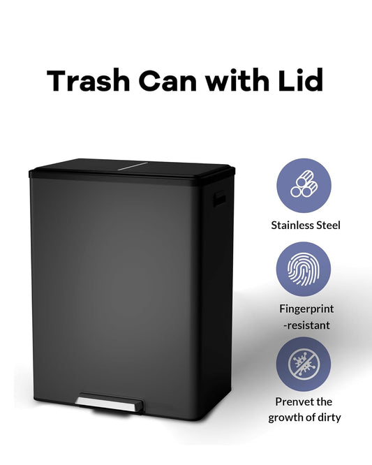 Garvee Dual Trash Can for Recycling and Trash, Stainless Steel Kitchen Trash Can with Lid and Foot Pedal, Double Compartment Garbage Can, with Recycling Bin