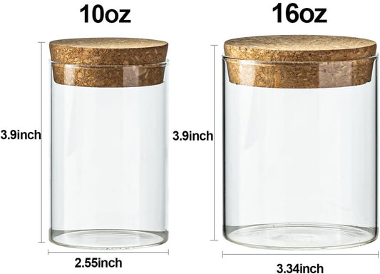 Airtight Glass Jars with Cork Lids -set of 4 (2 Large 16oz & 2 Small 10oz) Kitchen Storage Containers for Tea, Cereal, Spices, Beans, Candy | Wedding, Pantry, Biscuit Organization (4PCS)