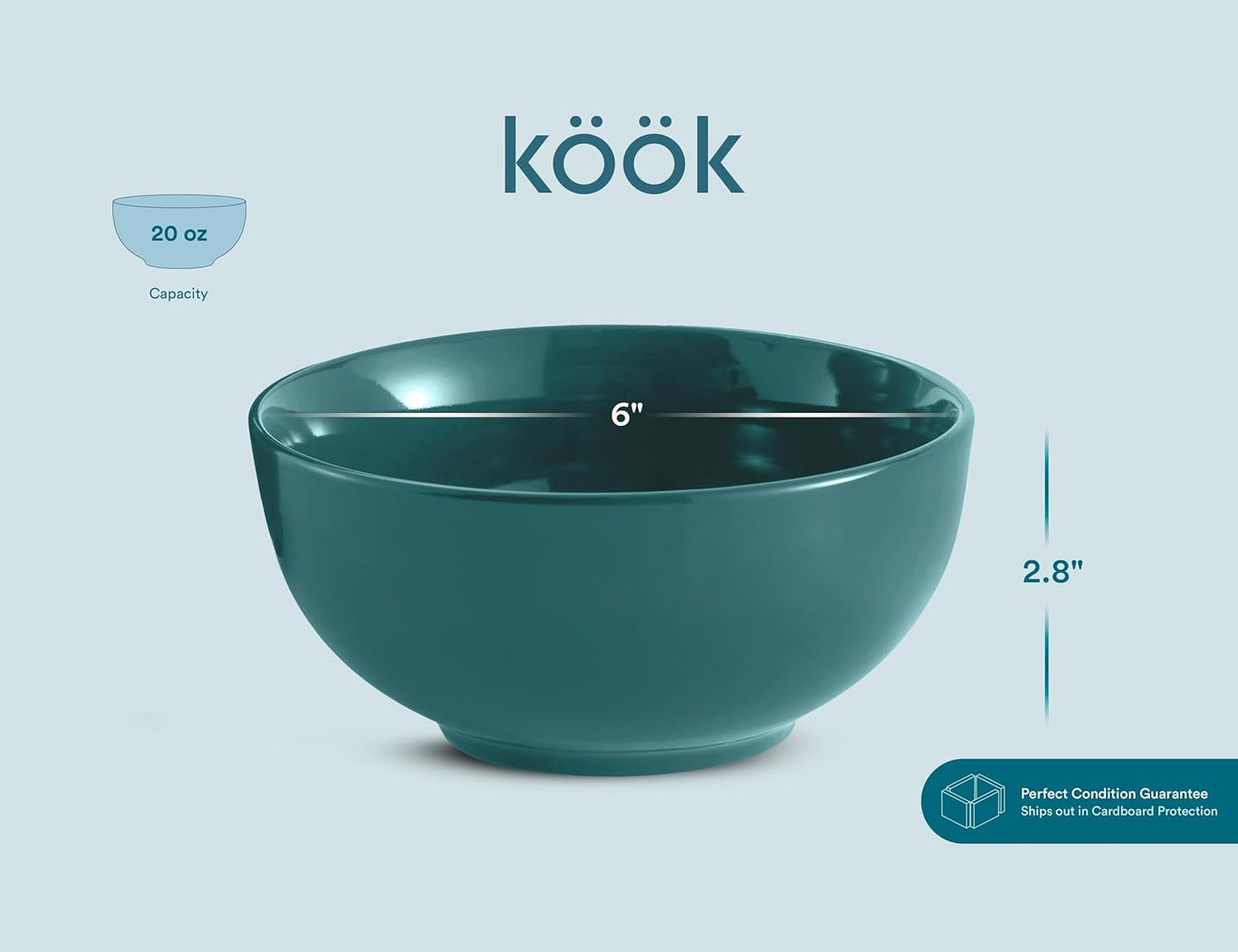 KooK Soup Bowls, Cereal Bowl, Ceramic, Bowls for Kitchen, Microwave, Dishwasher and Freezer Safe, Porcelain Dishes for Pasta, Salad, Oatmeal, Deep Interior, 20 oz, Set of 6, (Teal)