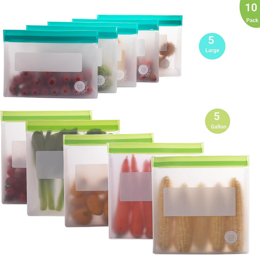 Reusable Food Storage Bags – 10-Pack Stand-Up, BPA-Free, Freezer, Dishwasher Safe & Eco-Friendly – 5 Gl, 5 L Bags – Airtight Leakproof Ziplock Bags for Kitchen Storage (Multicolor)