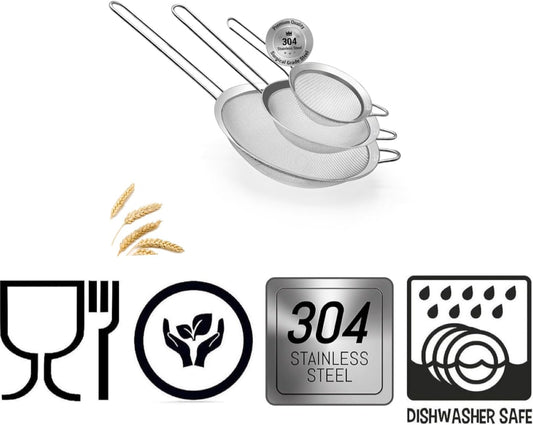 3 Fine Mesh Strainers Set with Handle for Kitchen - Sizes 7", 4.7", 3.3", Easy Clean 304 Stainless Steel, Comfortable Non-Slip Grip. Ideal for Tea, Coffee, Rice, Quinoa, Veggies & Fruits