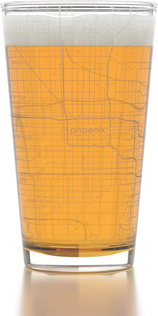 Well Told Engraved Phoenix Arizona Map Pint Glass, Etched Beer Gift (16 oz, Clear) City Map Pint, Custom City Glassware, Gifts For Beer Lovers