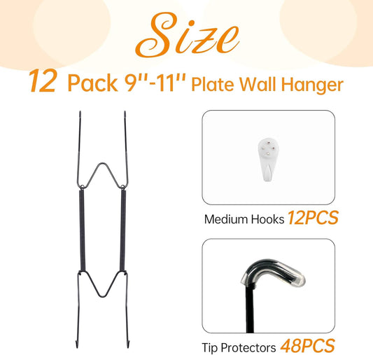 Bilillo 12 Pack Plate Hangers for The Wall, Suitable for 9''-11'' Decorative Plate,Invisible Heavy Duty Wire Plate Holder with Wall Hooks, Plate Hangers for Displaying Plates, Platter, Dish (Black)