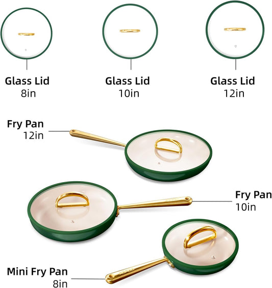 ROYDX Titanium Ceramic Nonstick Fry Pan Set 8", 10" and 12" Frying Pan Skillet Set with Glass Lids-Non Toxic, PTFE & PFOA Free - Oven Dishwasher Safe & Compatible with All Stovetops-Pine Green