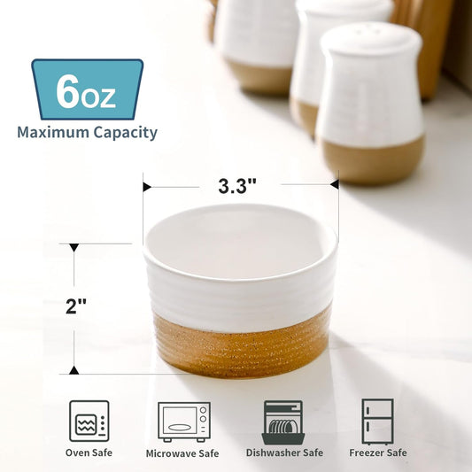 Ramekins 6 OZ for Creme Brulee Oven Safe,Ceramic Souffle Cups Set of 6,Small Dipping Sauce Cups for Charcuterie,Dessert,Dipping Sauce,Custard and Pudding,Microwave & Oven Safe,Patchwork White