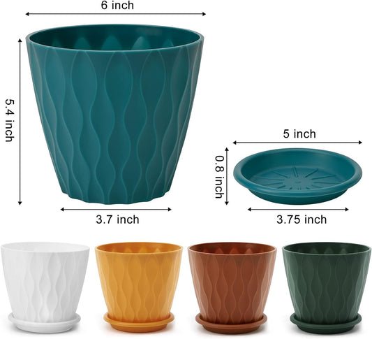 6 inch Plant Pots, 5 Pack Flower Pots Outdoor Indoor, Planters with Drainage Holes and Tray Saucers(Multicolor)