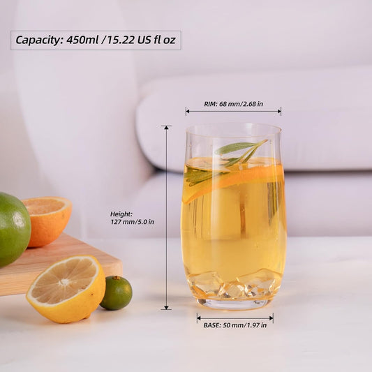 KAMMAK Drinking Glasses Set of 2, 15oz Crystal Water Glasses, Everyday Tall Glass Cups, Highball Glass for Cocktail, Juice, Mojito, Iced Tea, Kitchen and Bar Glassware Gifts,Collins Glasses