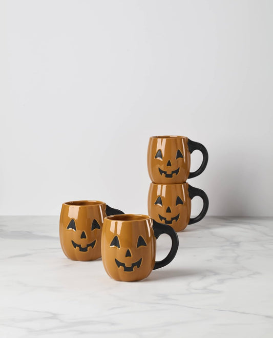 Lenox Coffee Mugs, Vintage Halloween Figural Pumpkin 20 Oz Mugs Set of 4, Porcelain, Spooky Drinkware Set, Dishwasher Safe, Microwave Safe, Halloween Decor Indoor, Pumpkin Decor (Orange/Black 4 Piece)