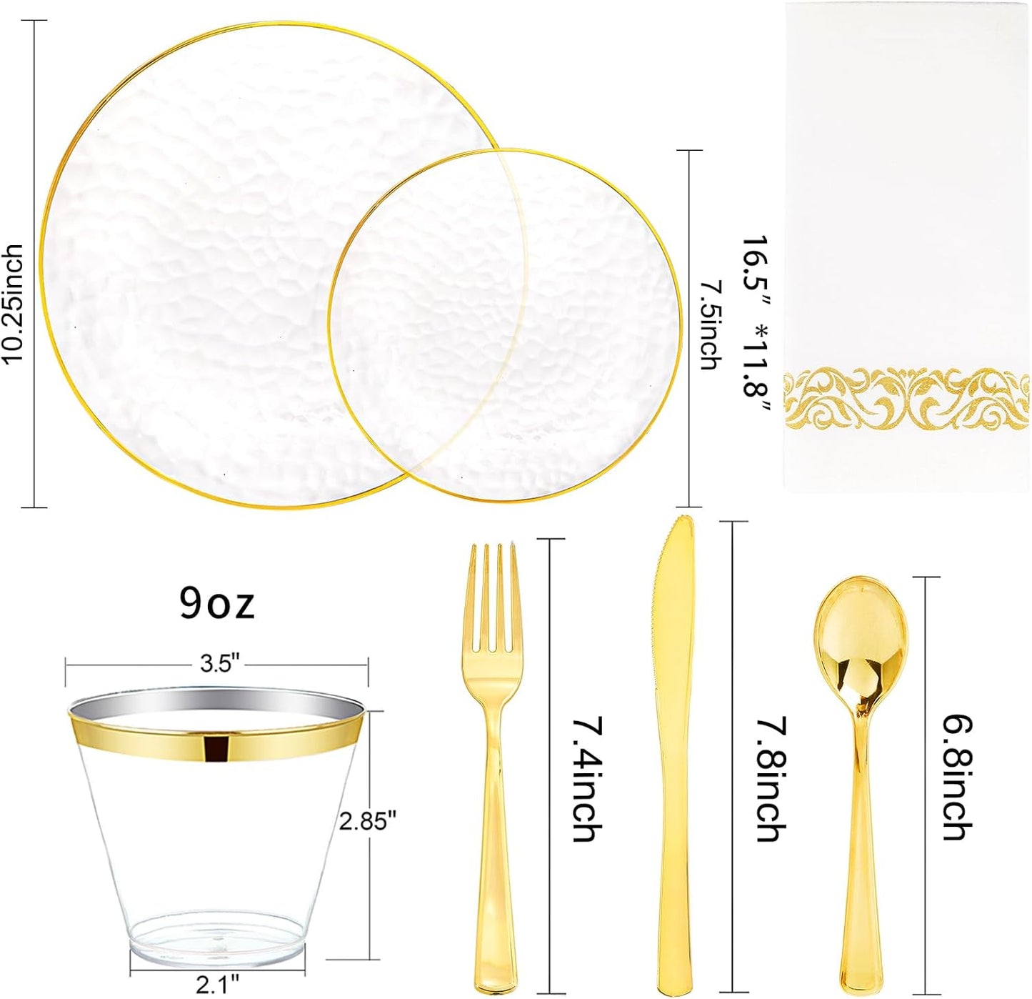 Rubtlamp 350 Pcs Clear Gold Plastic Plates, Hammered Disposable Dinnerware, Clear-Gold Plates Set Include 100 Plastic Platos, 150 Gold Disposable Silverware, 50 Cups And 50 Napkins for Party
