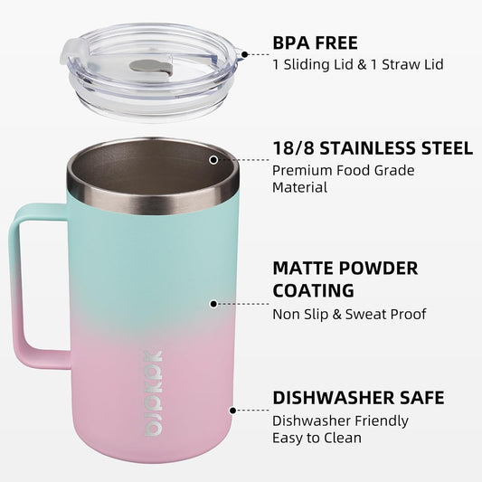 BJPKPK Insulated Coffee Mug with 2 Lids, 25oz Stainless Steel Insulated Tumbler with Handle, Double Wall Vacuum Coffee Cups, BPA Free Travel Mug for Coffee, Tea and Drinks, Marshmallow