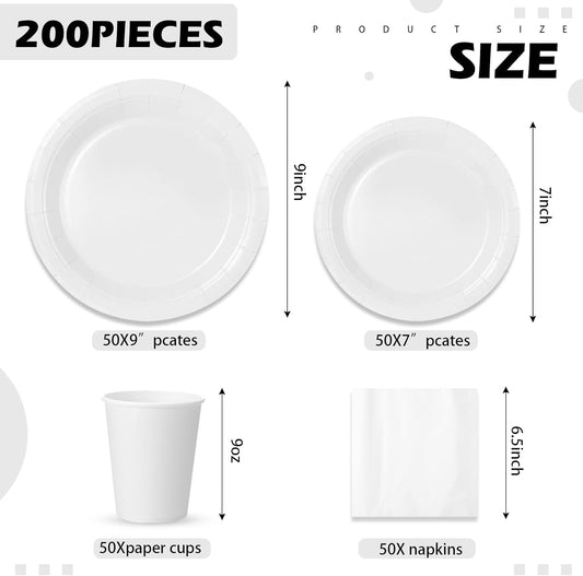 Tioncy 200 Pcs Disposable Paper Plates Cups and Napkins Party Supplies Serve 50 Guests Disposable Paper Dinnerware Set for Halloween Birthday Wedding Baby Shower Family Picnic(Sand White)