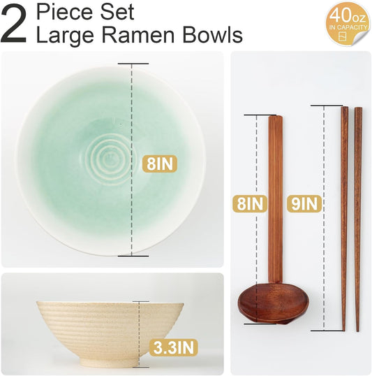 8 Inch Ceramic Ramen Bowl Set of 2, 40oz Japanese Bowls with Spoons & Chopsticks,Durable,Microwave & Dishwasher Safe,Perfect for Ramen,Pho,Salad,Soup,Noodles,Mixing bowls(Cyan Sea)