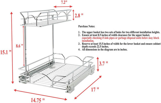 OCG Under Sink Cabinet Organizer Two Tier Pull Out Shelf (14.75W x 21D), Under Sink Sliding Shelf for Kitchen Bathroom Cabinet 2 Tier Chrome