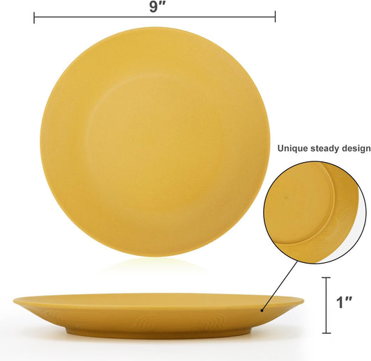 Homienly Flat Dinner Plates Set - 8 Microwave & Dishwasher Safe Wheat Straw Plates, Unbreakable, 9 inch Yellow