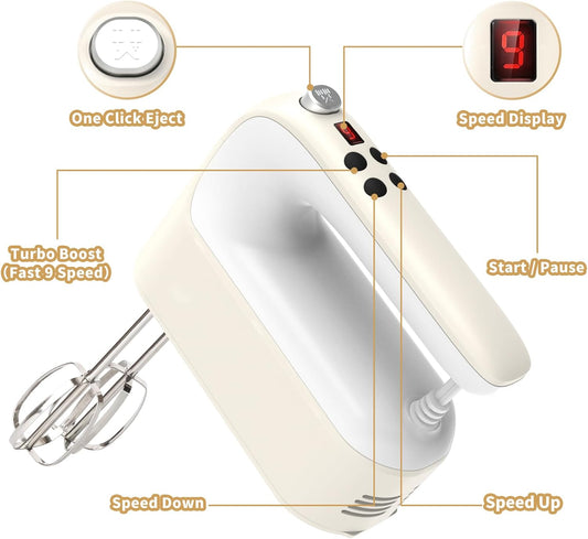 9-Speed Digital Hand Mixer Electric, 400W Powerful DC Motor, Baking Mixer Handheld with Snap-On Storage Case, 5 Stainless Steel Accessories, Flat Beaters, Dough Hooks, Whisk (Cream White)
