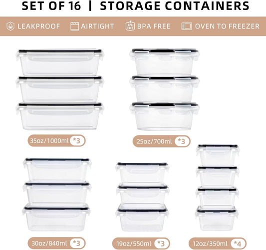 32 PCS Plastic Food Storage Containers with Lids Airtight, BPA-Free Leakproof Meal Prep Container Set for Kitchen Storage Reusable, Microwave Dishwasher Safe Stackable with Labels & Marker