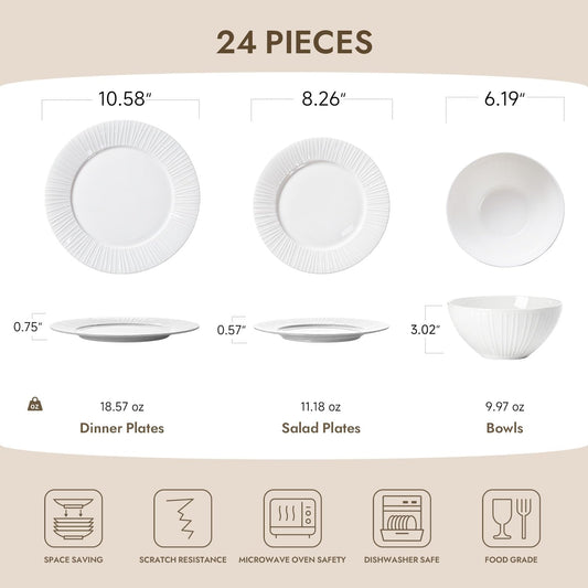 KINGSTONE Bone China Dinnerware Set, 24-Piece White Lightweight Porcelain with Textured Design Service for 8, Plates, Bowls, for Family Dining, Restaurants, Gifting,Microwave and Dishwasher Safe