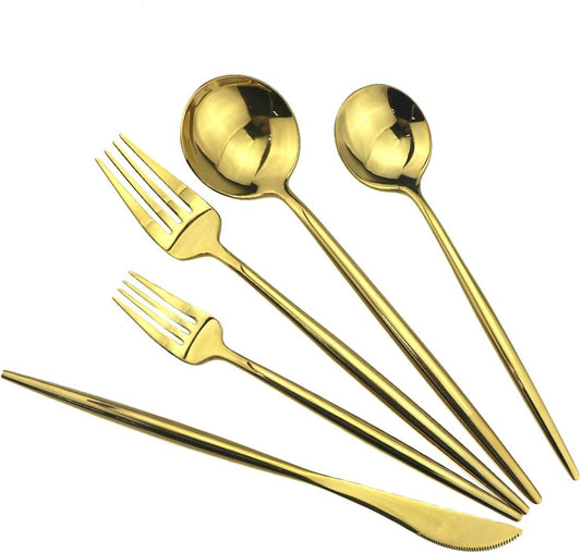 Gugrida Portable Silverware Set - 5-Piece Flatware Cutlery Set - 18/10 Stainless Steel - Mirror Polishing Gold - Travel Elegant Modern Utensils - Service for 1 Include Steak Knife Dinner Fork Spoon
