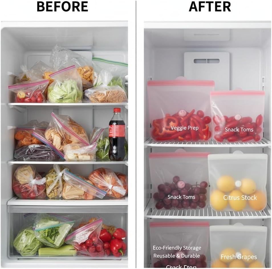 Reusable Silicone Food Storage Bags – Premium Eco-Friendly Multi-Size Set (650ml/1300ml/2000ml), Leakproof, BPA-Free, Freezer & Microwave Safe, Dishwasher Friendly (White(Clear))