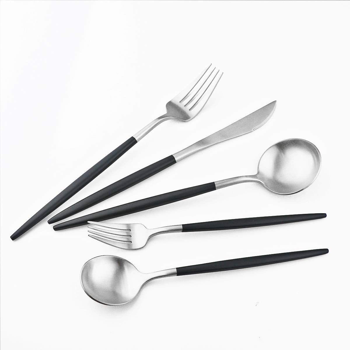 Gugrida Luxury Flatware, Royal 5 Piece Matte Black Handle 18/10 Stainless Steel Tableware Sets for 1 Including Forks Spoons Knives, Camping Silverware Travel Utensils Set Cutlery (Black Silver)