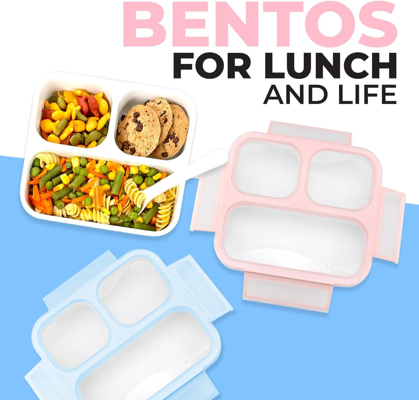 Medium Bento Boxes for Kids, Lunch-Box for Boys Girls Todderler Adults, Leak-proof 3 Compartment Containers for Meal or Snack at School Daycare Work Travel, BPA Free 2 pack (Pastel Blue + Pink)