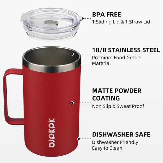 BJPKPK Insulated Coffee Mug with 2 Lids, 25oz Stainless Steel Insulated Tumbler with Handle, Double Wall Vacuum Coffee Cups, BPA Free Travel Mug for Coffee, Tea and Drinks, Red