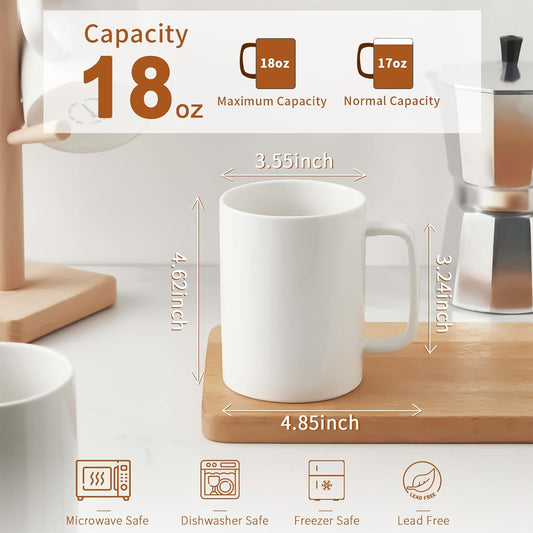 Jassceram Coffee Mugs Set of 6, 18 Ounce Porcelain Mugs for Latte, Hot Tea, Cappuccino, Ceramic Coffee Cups with Large Handle - Dishwasher & Microwave Safe, White- Christmas Gift & Thanksgiving Gift