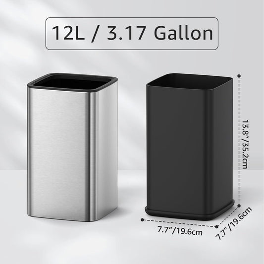Mbillion 2.4 Gal (9L) Stainless Steel Open - Top Trash Can with Removable Inner Bucket - Sleek Metal Small Waste Basket for Bathroom Office, Brushed Steel