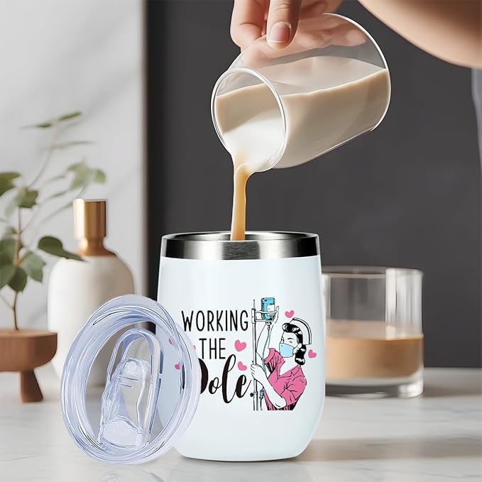 Funny Wine Tumbler, Nurse Accessories for Work, Nurse Gifts for Women, Nursing RN Gifts for Nurses Practitioner Birthday Christmas, Coffee Cup Insulated Stainless Steel 12oz Wine Glass with Lid, Straw