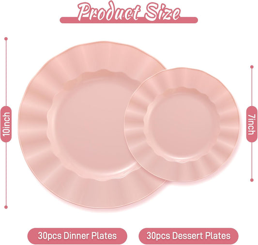 60Pcs Premium Pink Plastic Plates, Fancy Nice Disposable Plate, Elegant Wedding Plates Set include 30 10" Dinner & 30 7" Dessert Plates for Party & Wedding(30Guests
