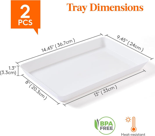 Lifewit Plastic Serving Tray for Party Supplies, 15" x 10" White Trays for Serving Food, Reusable Large Platter for Buffet, Fruit, Dessert, Snack, Veggie, Kitchen and Outdoor Use, Rectangle, 2 Pcs